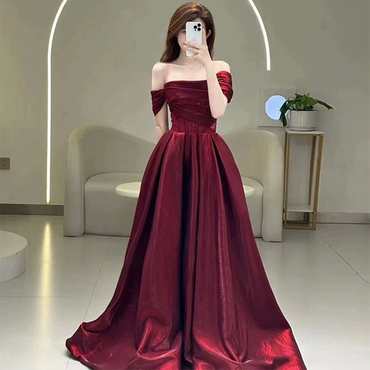 Pretty A line Off The Shoulder Burgundy Satin Long Prom Dresses Party Evening Dress C3790