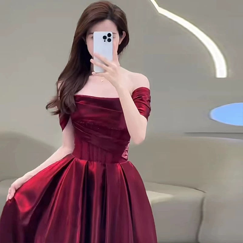 Pretty A line Off The Shoulder Burgundy Satin Long Prom Dresses Party Evening Dress C3790