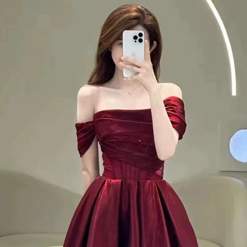 Pretty A line Off The Shoulder Burgundy Satin Long Prom Dresses Party Evening Dress C3790