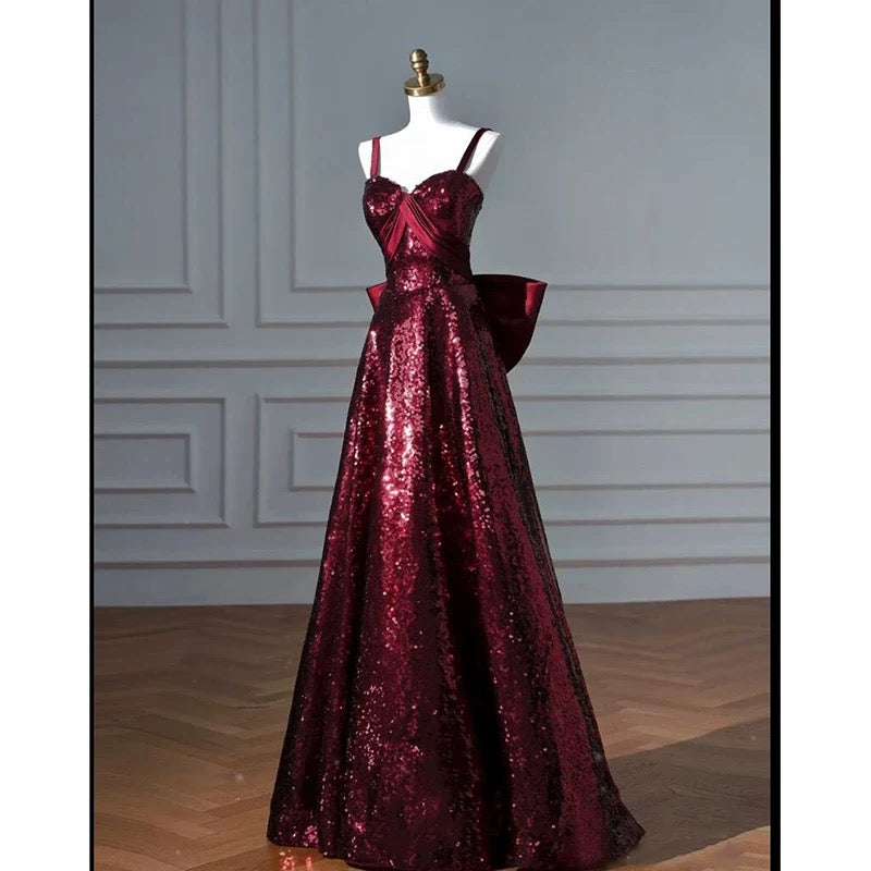 Pretty A line Spaghetti Straps Burgundy Sequin Long Prom Dresses Party Evening Dress C3792