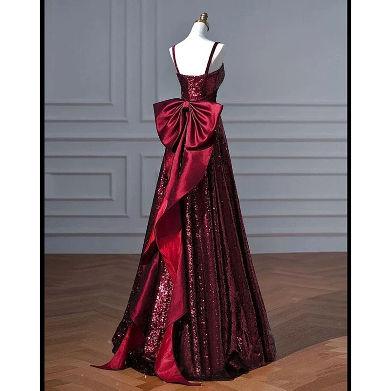 Pretty A line Spaghetti Straps Burgundy Sequin Long Prom Dresses Party Evening Dress C3792