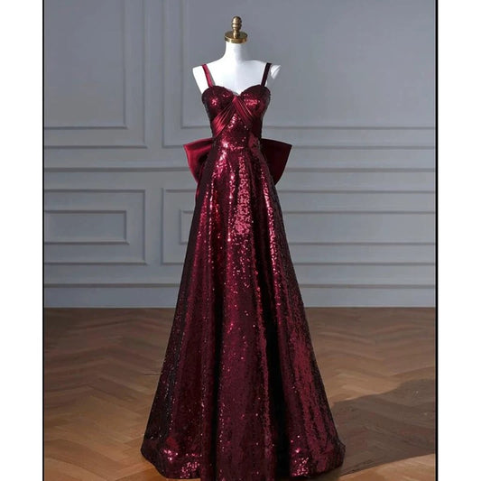 Pretty A line Spaghetti Straps Burgundy Sequin Long Prom Dresses Party Evening Dress C3792