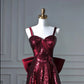 Pretty A line Spaghetti Straps Burgundy Sequin Long Prom Dresses Party Evening Dress C3792