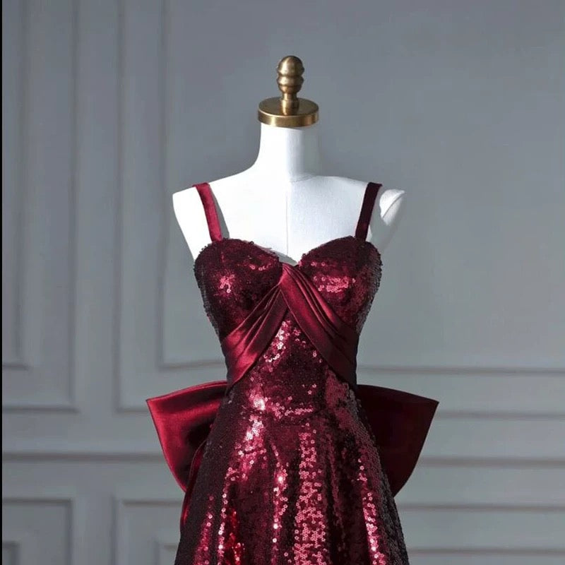 Pretty A line Spaghetti Straps Burgundy Sequin Long Prom Dresses Party Evening Dress C3792
