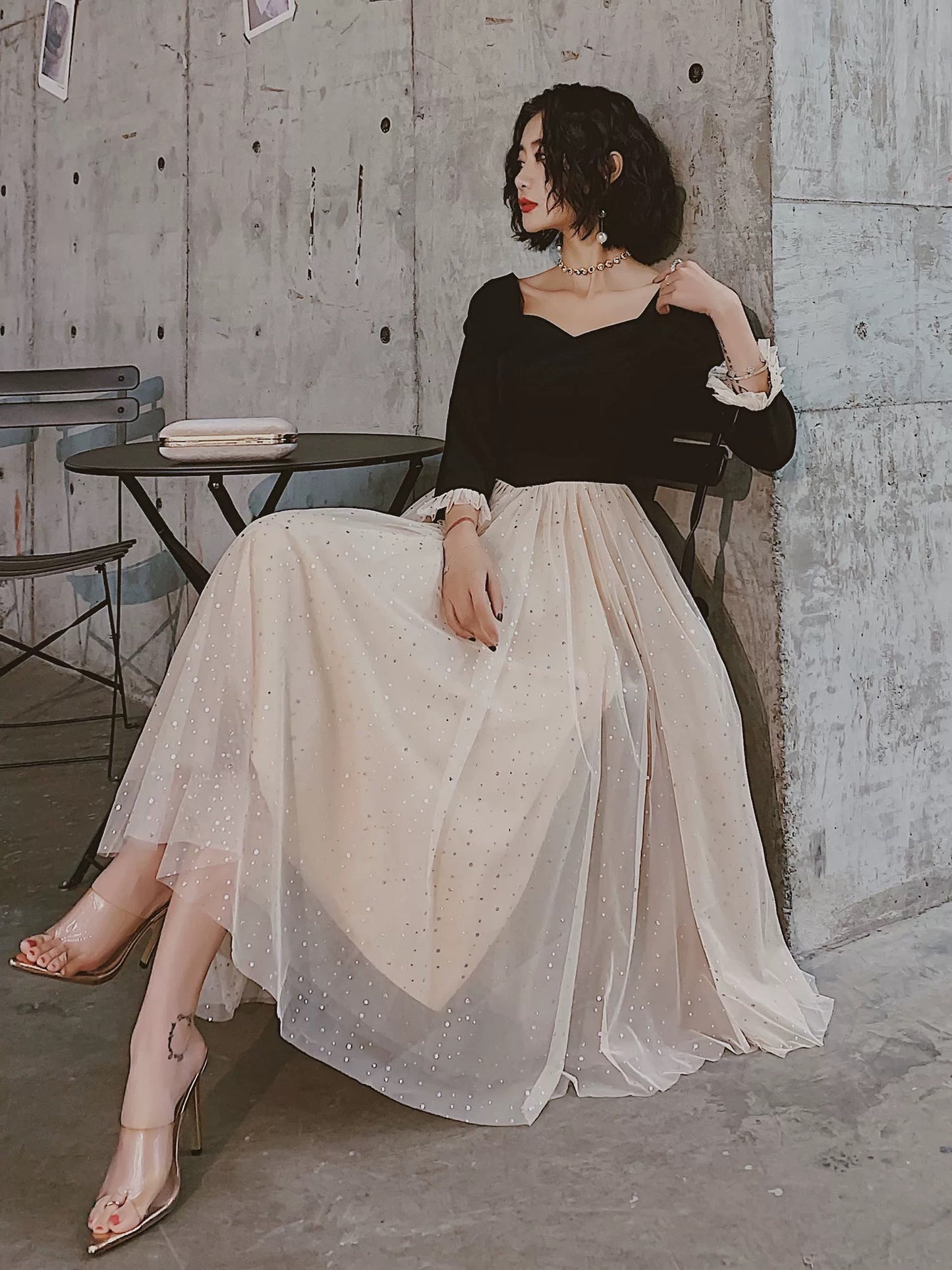 Pretty A line Square Neckline Long Sleeves Black Prom Dresses Party Evening Dress C3793