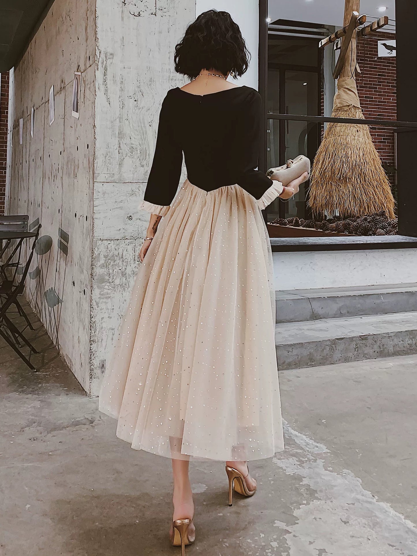Pretty A line Square Neckline Long Sleeves Black Prom Dresses Party Evening Dress C3793