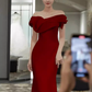 Robe de bal longue en satin bordeaux, sexy, épaules dénudées, sirène, C37