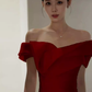 Robe de bal longue en satin bordeaux, sexy, épaules dénudées, sirène, C37