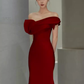 Robe de bal longue en satin bordeaux, sexy, épaules dénudées, sirène, C37