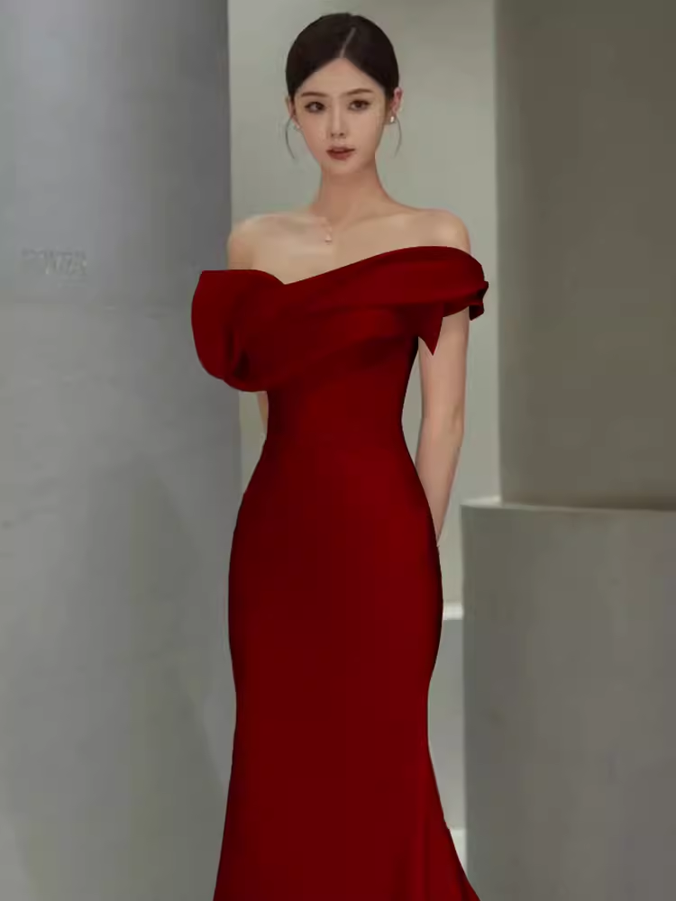 Robe de bal longue en satin bordeaux, sexy, épaules dénudées, sirène, C37