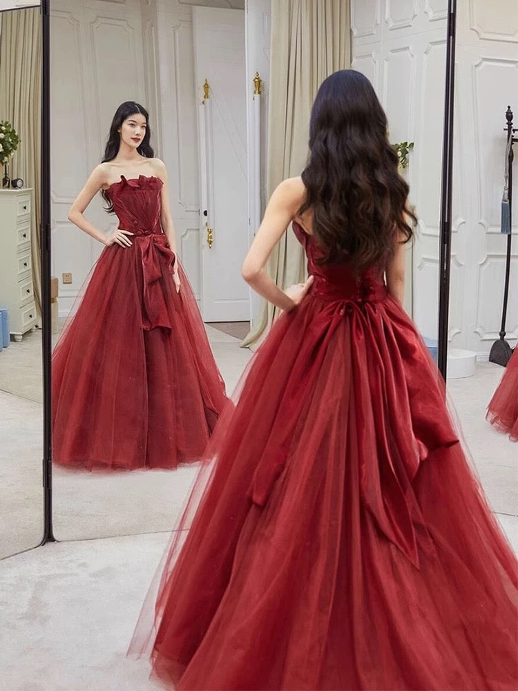 Pretty A line Strapless Burgundy Tulle Long Prom Dresses Party Evening Dress C3802