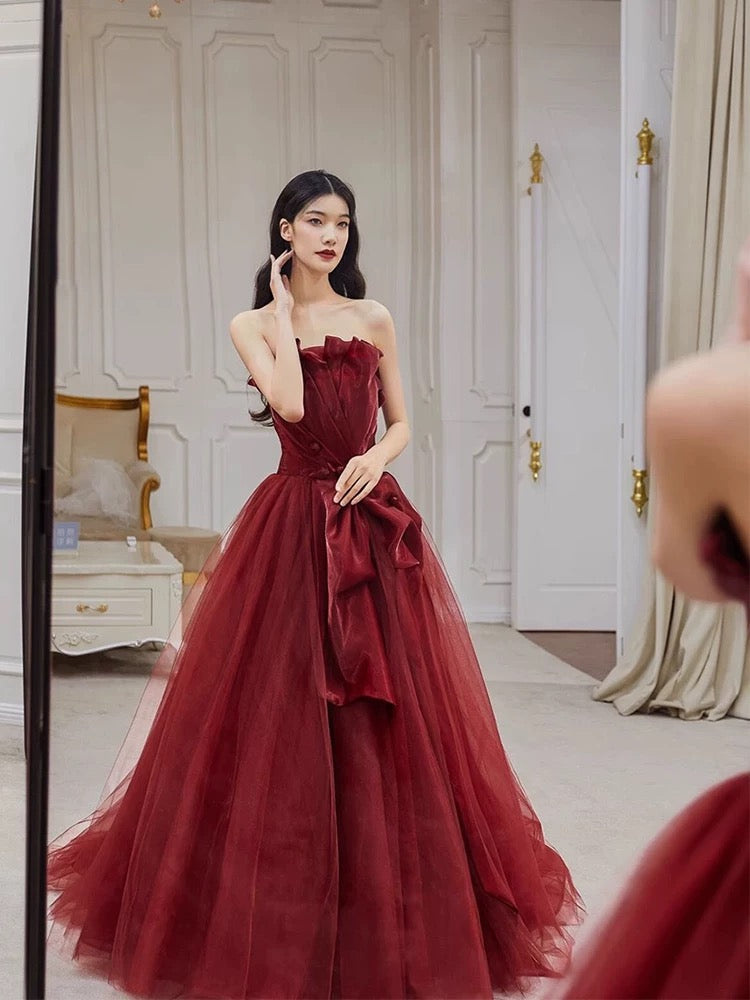 Pretty A line Strapless Burgundy Tulle Long Prom Dresses Party Evening Dress C3802