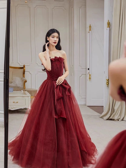 Pretty A line Strapless Burgundy Tulle Long Prom Dresses Party Evening Dress C3802