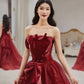 Pretty A line Strapless Burgundy Tulle Long Prom Dresses Party Evening Dress C3802