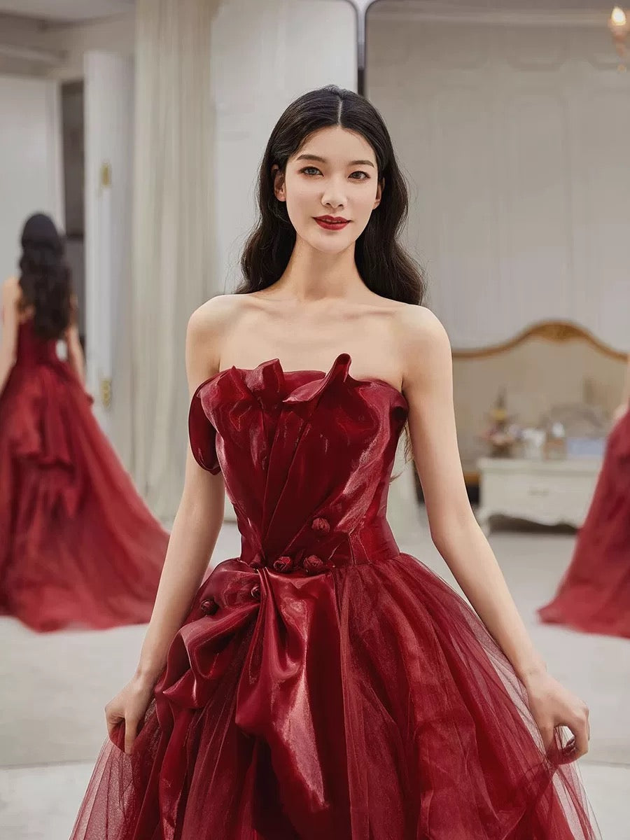 Pretty A line Strapless Burgundy Tulle Long Prom Dresses Party Evening Dress C3802