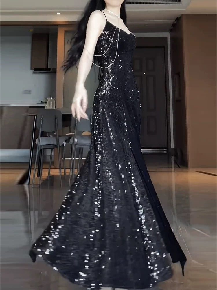 Pretty Sheath Spaghetti Straps Sequin Black Slit Long Prom Dresses Party Evening Dress C3803