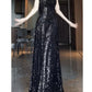 Pretty Sheath Spaghetti Straps Sequin Black Slit Long Prom Dresses Party Evening Dress C3803