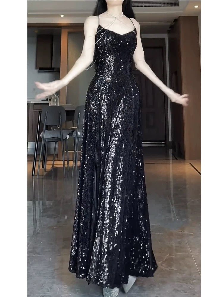 Pretty Sheath Spaghetti Straps Sequin Black Slit Long Prom Dresses Party Evening Dress C3803