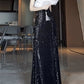 Pretty Sheath Spaghetti Straps Sequin Black Slit Long Prom Dresses Party Evening Dress C3803