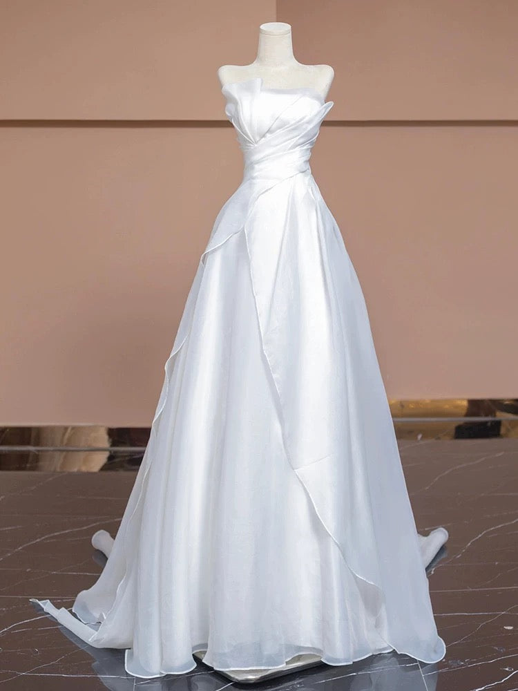 Chic A Line Strapless White Long Wedding Dresses With Ruffles C3804