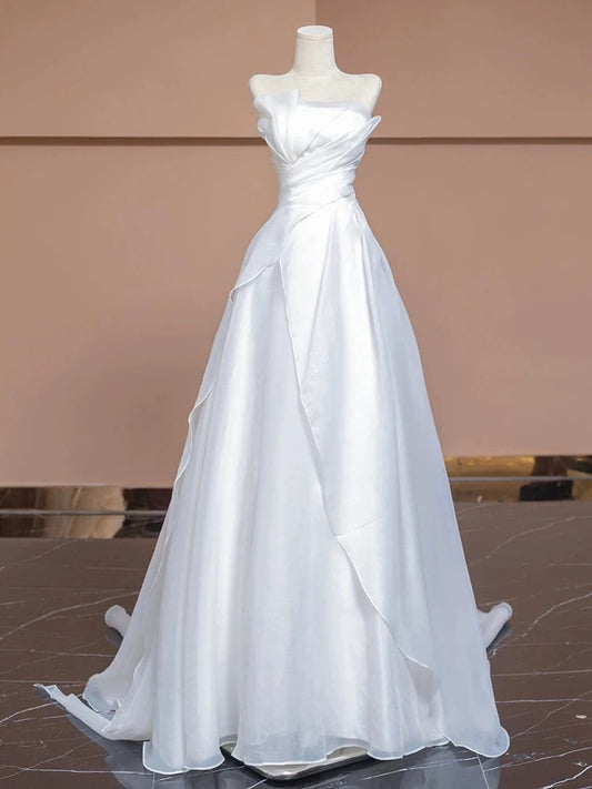 Chic A Line Strapless White Long Wedding Dresses With Ruffles C3804