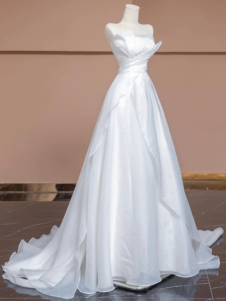 Chic A Line Strapless White Long Wedding Dresses With Ruffles C3804