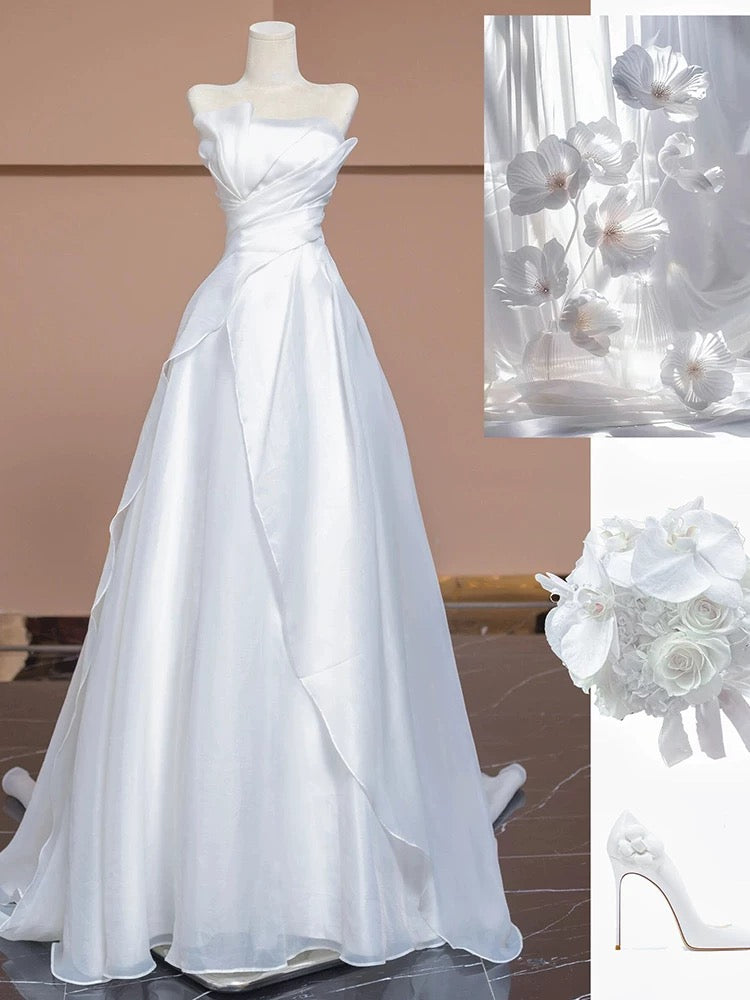 Chic A Line Strapless White Long Wedding Dresses With Ruffles C3804