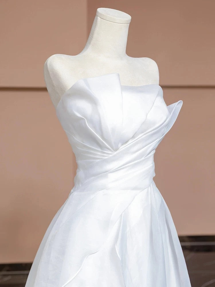 Chic A Line Strapless White Long Wedding Dresses With Ruffles C3804