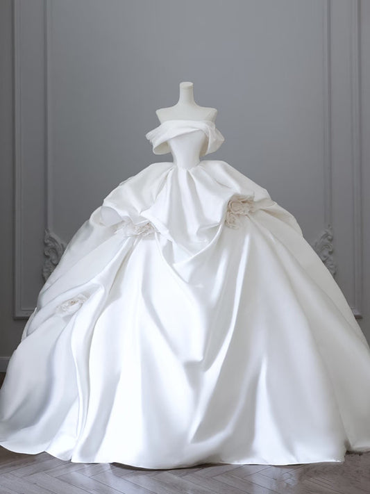 Chic Ball Gown Off The Shoulder White Short Sleeves Floral Satin Wedding Dresses With Ruffles C3806
