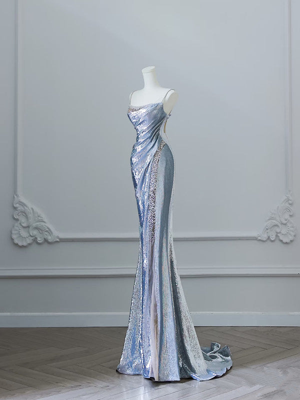 Pretty Mermaid Spaghetti Straps Sequin Blue Long Prom Dresses Party Evening Dress C3808