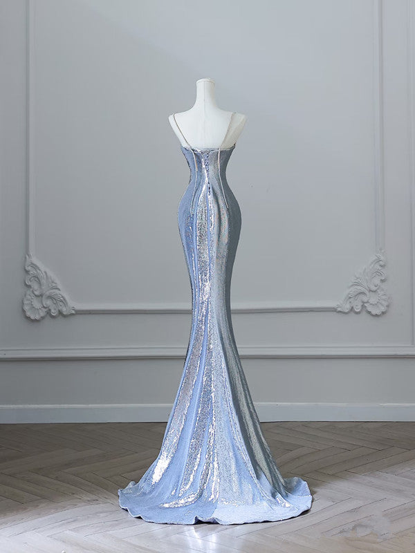 Pretty Mermaid Spaghetti Straps Sequin Blue Long Prom Dresses Party Evening Dress C3808