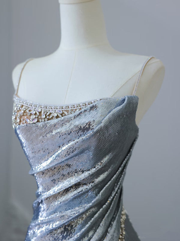 Pretty Mermaid Spaghetti Straps Sequin Blue Long Prom Dresses Party Evening Dress C3808