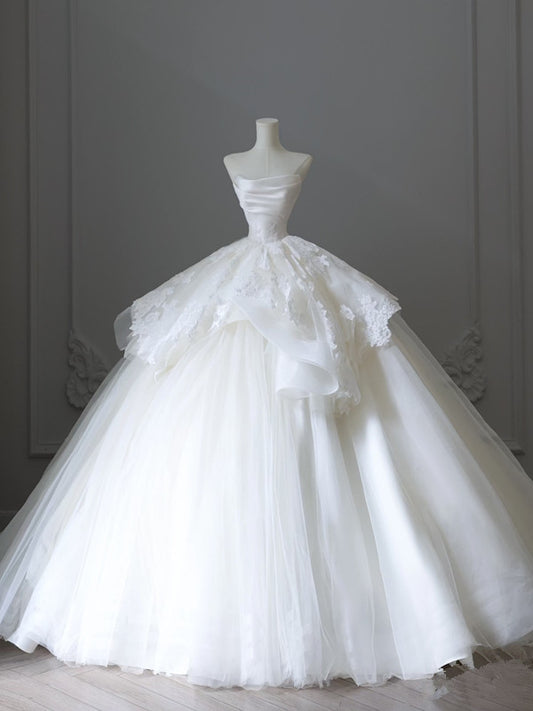 Chic Ball Gown Strapless White Sleeveless Lace Satin Wedding Dresses With Ruffles C3809
