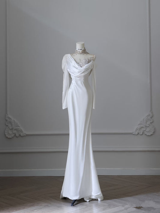 Vintage Mermaid High Neckline White Satin Sequin Appliques Wedding Dresses C3810