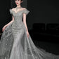 Robe de mariée longue sirène intemporelle à épaules dénudées en tulle blanc et sequins C3812