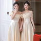 Robe de demoiselle d'honneur longue en satin, coupe A, élégante, épaules dénudées, couleur champagne, C3814