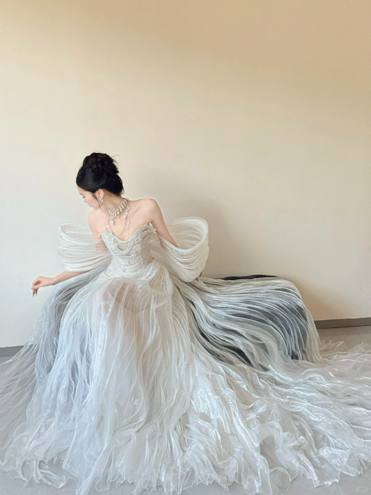 Unique A Line Off The Shoulder White Tulle Beaded Ruffles Long Wedding Dresses C3817