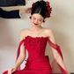 Unique Red Mermaid Off The Shoulder Satin Tulle Applique Long Prom Dresses C3818