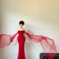 Unique Red Mermaid Off The Shoulder Satin Tulle Applique Long Prom Dresses C3818