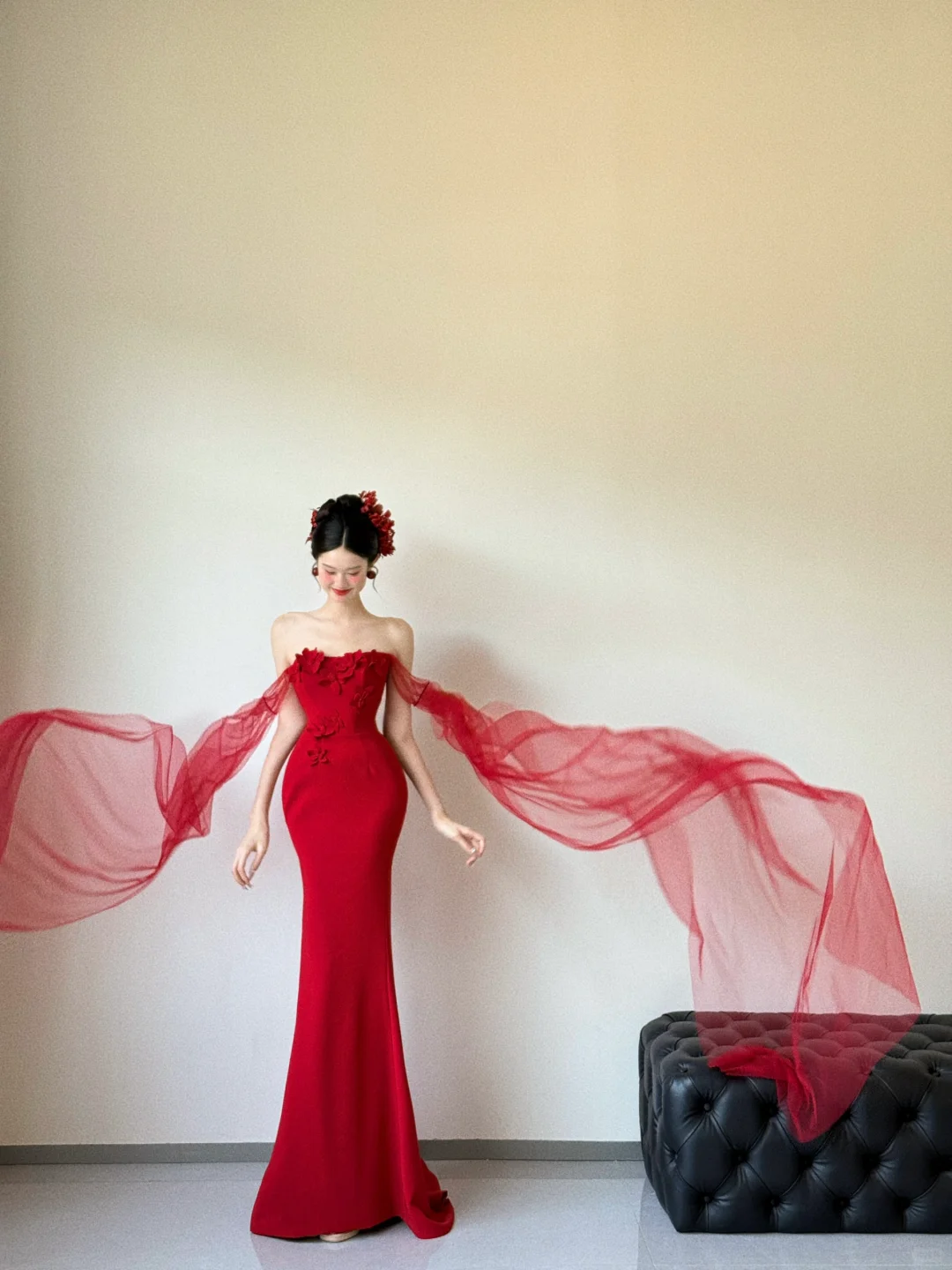 Unique Red Mermaid Off The Shoulder Satin Tulle Applique Long Prom Dresses C3818