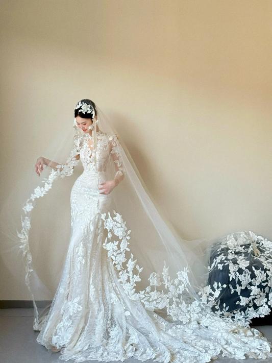 Dreamy White Mermaid Tulle Lace Applique With Veil Long Wedding Dresses C3819