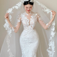 Robe de mariée sirène blanche de rêve en tulle et dentelle avec appliques et voile C3819