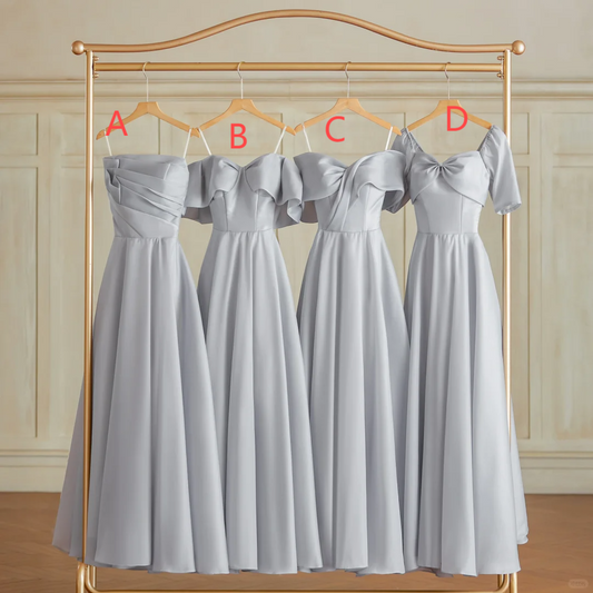 Robe de demoiselle d'honneur longue en satin gris argenté, coupe trapèze élégante, C3821