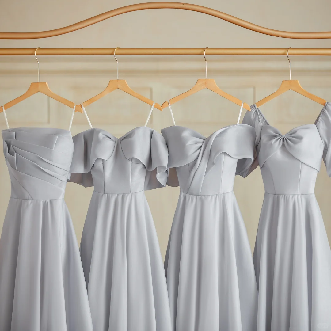 Robe de demoiselle d'honneur longue en satin gris argenté, coupe trapèze élégante, C3821