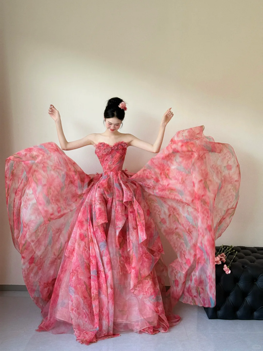Summer Unique  A Line Strapless Chiffon Long Prom Dresses C3826