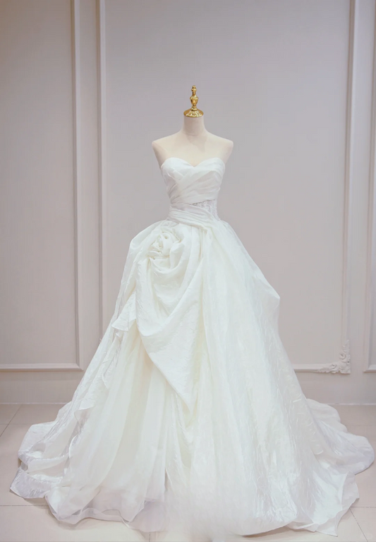Dreamy A Line Strapless White Satin Pleated Long Wedding Dresses C3829