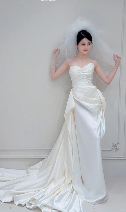 Chic A Line Strapless White Satin Pleated With Veil Long Wedding Dresses C3830