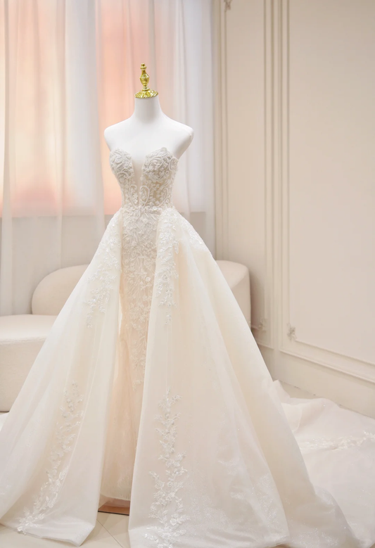 Vintage A Line Strapless Satin Applique Long Wedding Dresses C3832