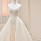 Robe de mariée longue vintage en satin, coupe trapèze, sans bretelles, avec appliques, C3832