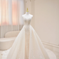 Robe de mariée longue vintage en satin, coupe trapèze, sans bretelles, avec appliques, C3832
